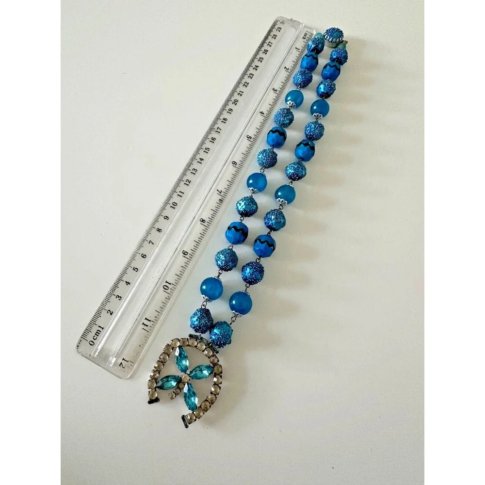 VTG Sugar Caged Beaded‎ Necklace Aqua Blue Horseshoe Pendant Crystals Hong Kong